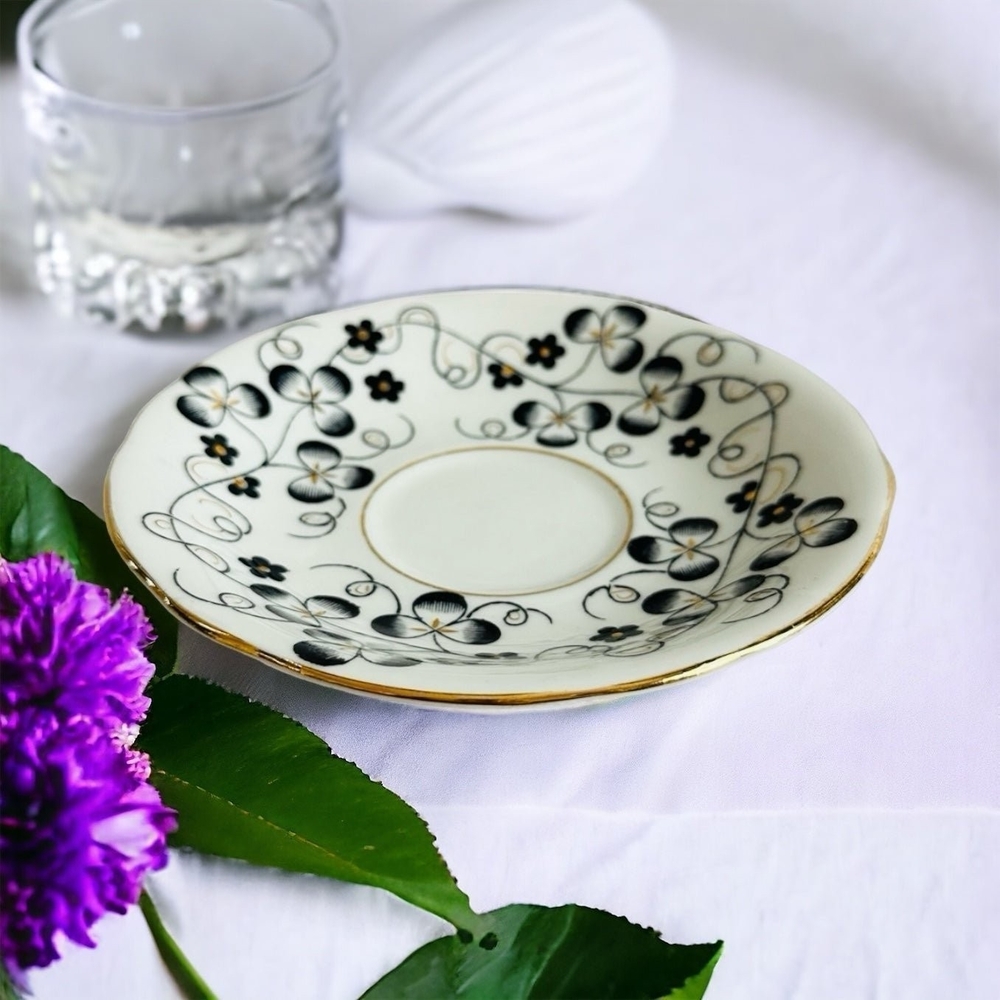 Vintage Clarence England Bone China Tea Saucer Gold Black Floral 5.5" Replace VG